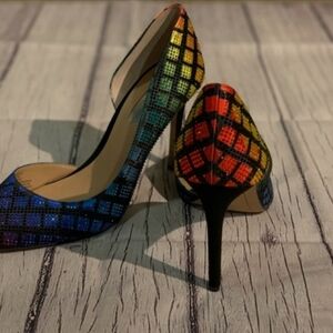Diamond Checkered Pattern Rhinestone Rainbow Women's Heels